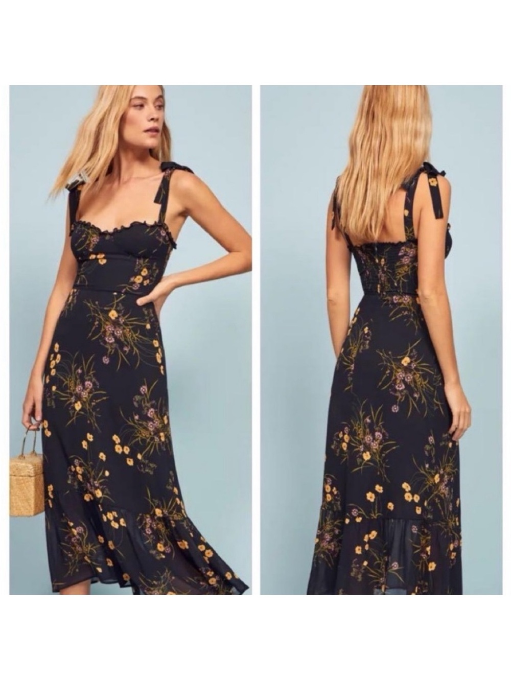 Reformation Nikita Dress Mademoiselle Floral Midi Size 10 Navy Tie Strap